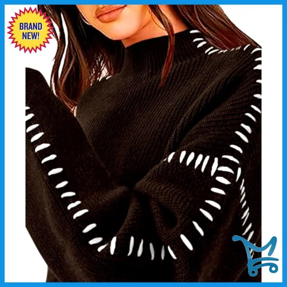 Chunky Knit Mock Neck Oversized Pullover Sweater Fall Winter Fashion Tops